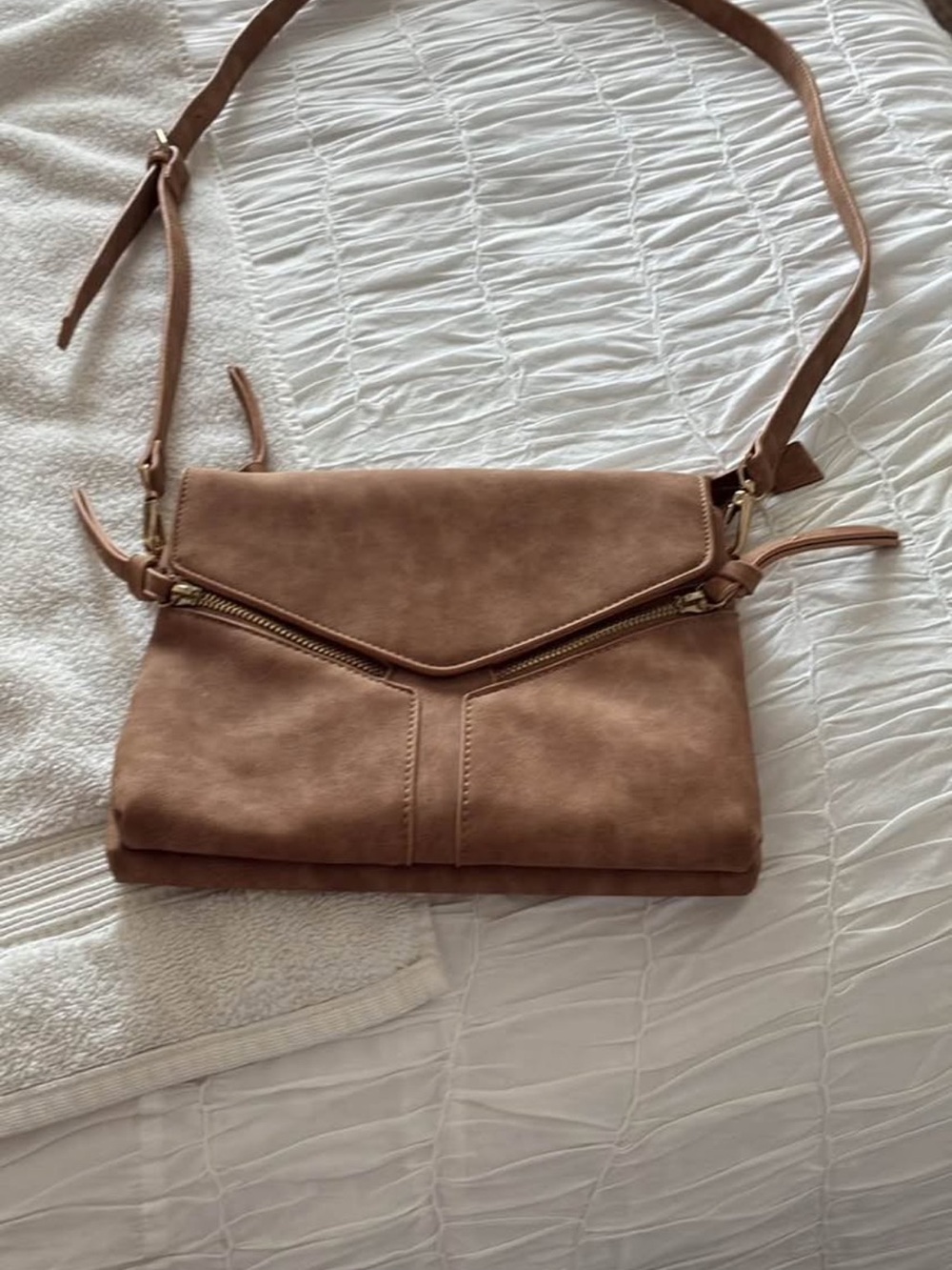Target Faux Suede Tan Crossbody Bag with Zip Accent